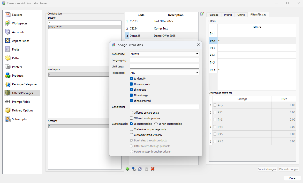 Package filter settings with options for availability, language, and processing conditions displayed.