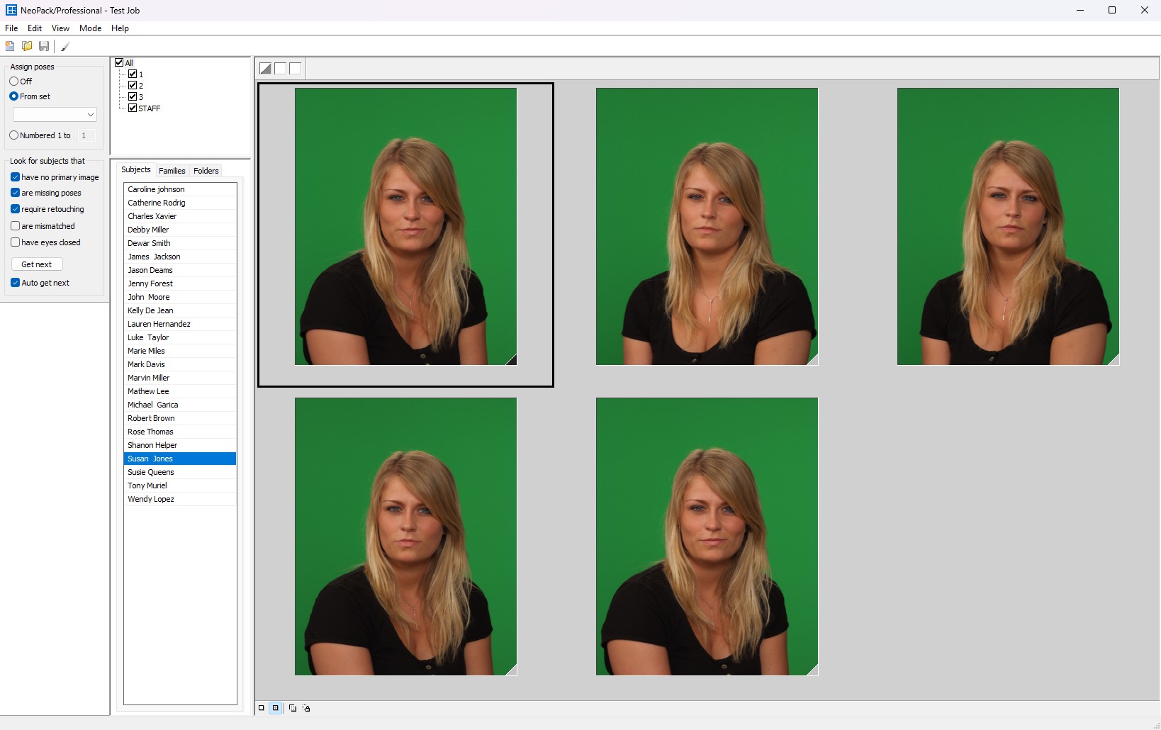 NeoPack Pose mode screen showing a grid of six portraits featuring a woman with long hair and a neutral expression.