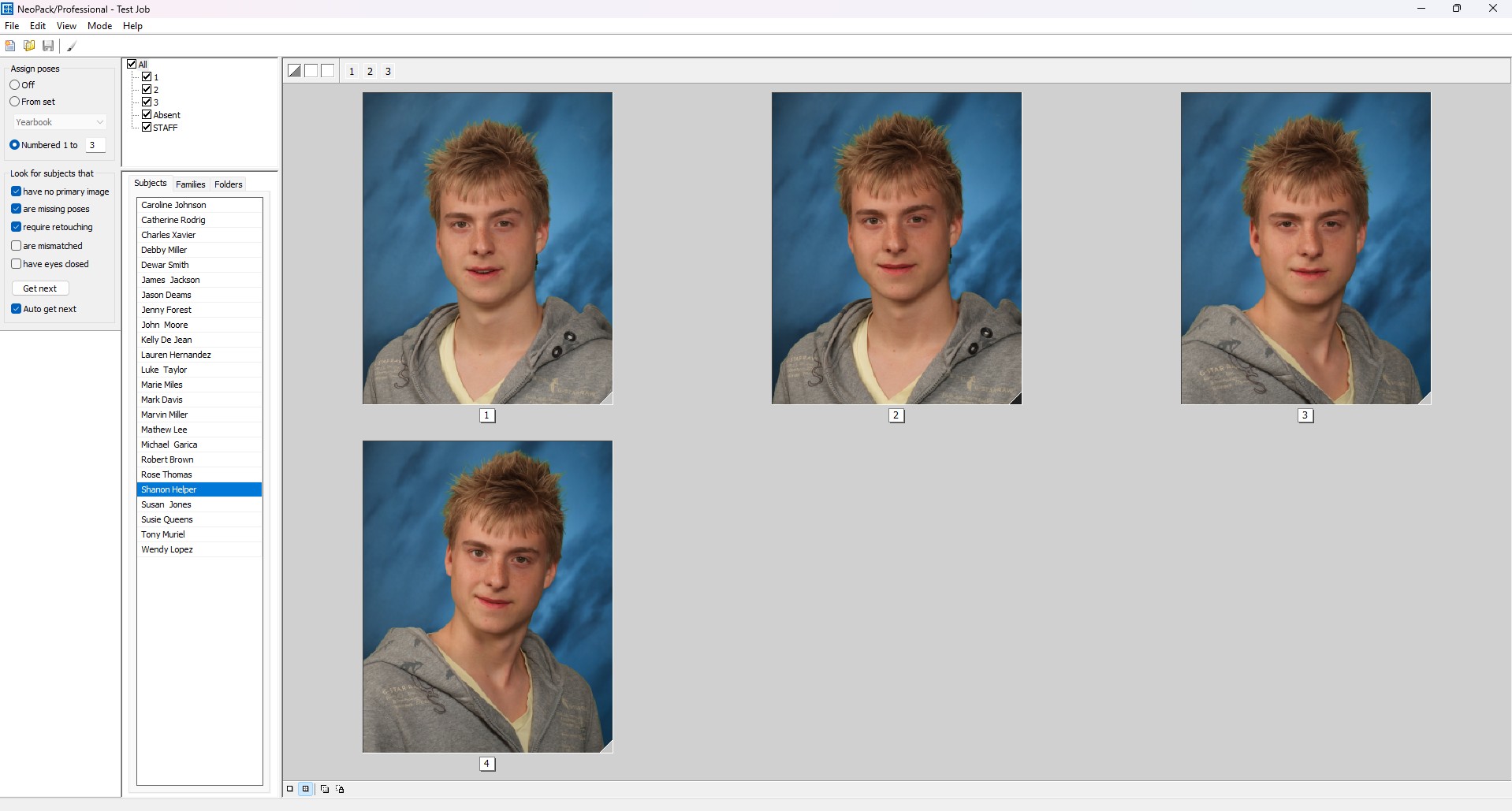 Four headshot images of a young man with spiky hair and a gray hoodie.