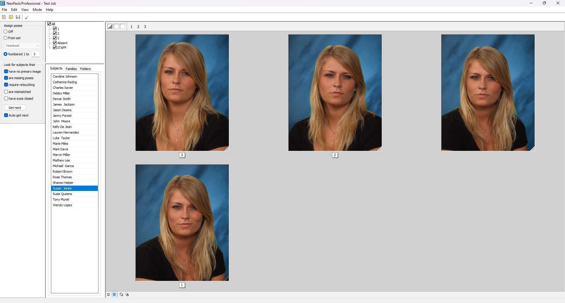 Four portrait photos of a woman with long blonde hair and a blue background.