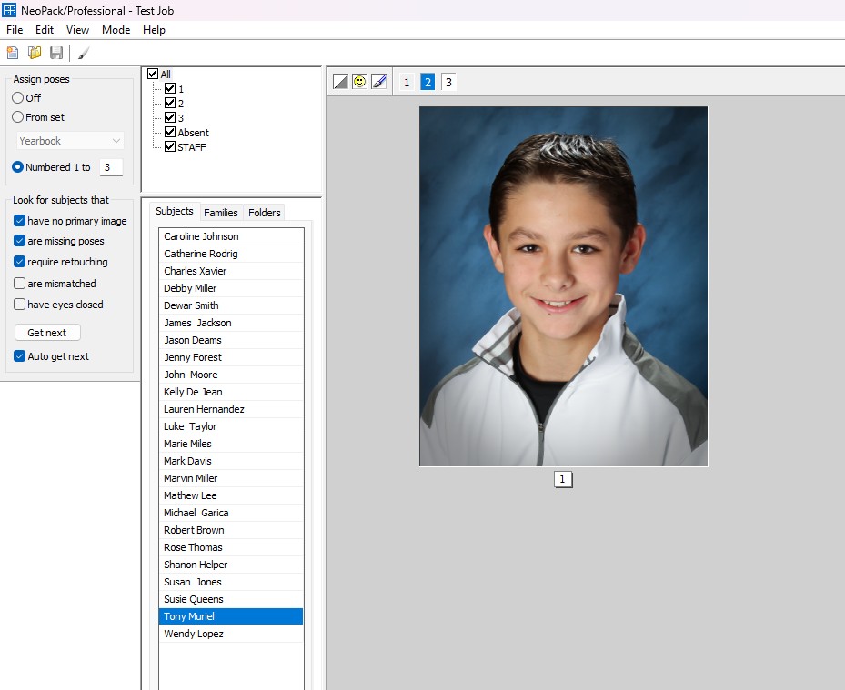 A young boy smiles for a school photo, with a list of names beside him.