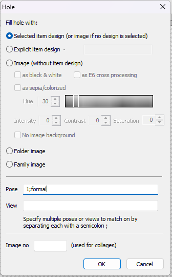 Settings menu for filling holes with various design options and poses.
