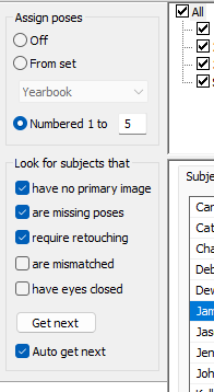 Settings for assigning poses and selecting subjects for yearbook images.