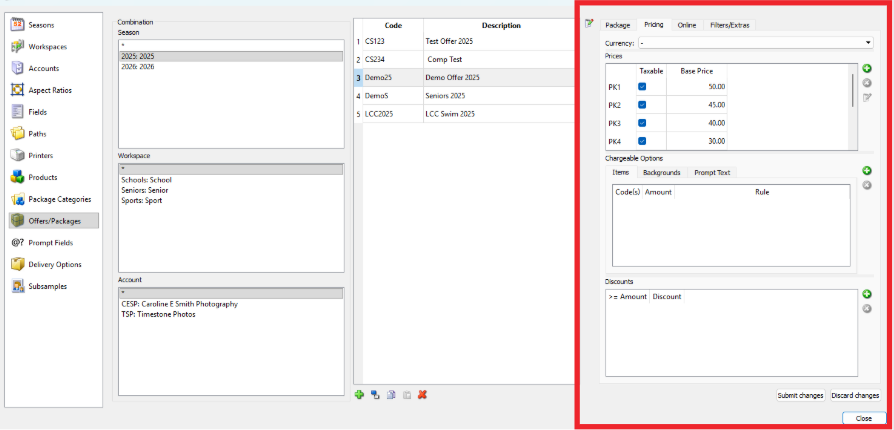 Interface displaying pricing options and account details for various packages and services.