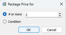 Dialog box for setting package price based on quantity or condition.