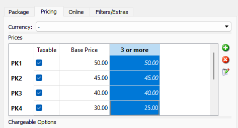 Pricing table showing base prices and discounts for different packages.