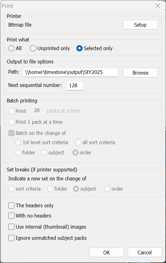 The Print window showing the destination path for bitmaps.