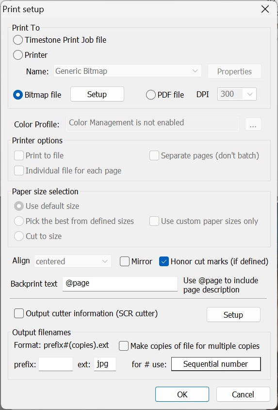 The Print Setup window with Print To Bitmap file selected.