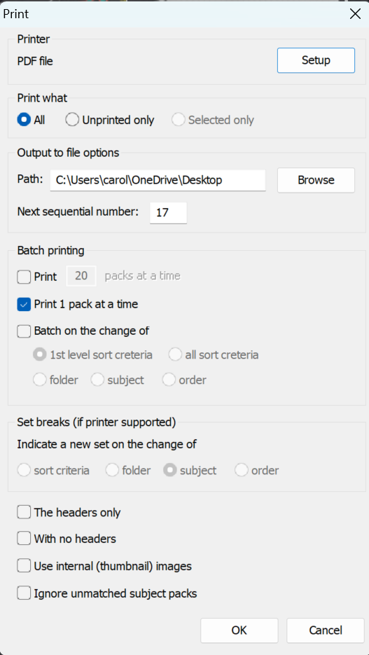 Print settings window showing options for printing and file output configurations.