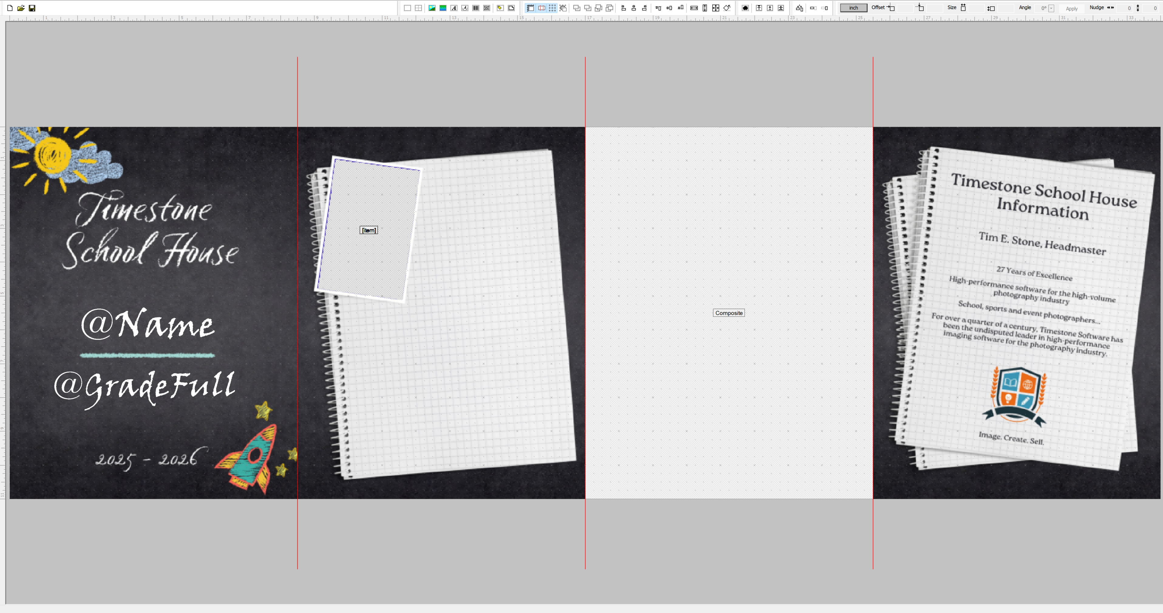 Notebook design featuring school information and customizable sections for names and grades.