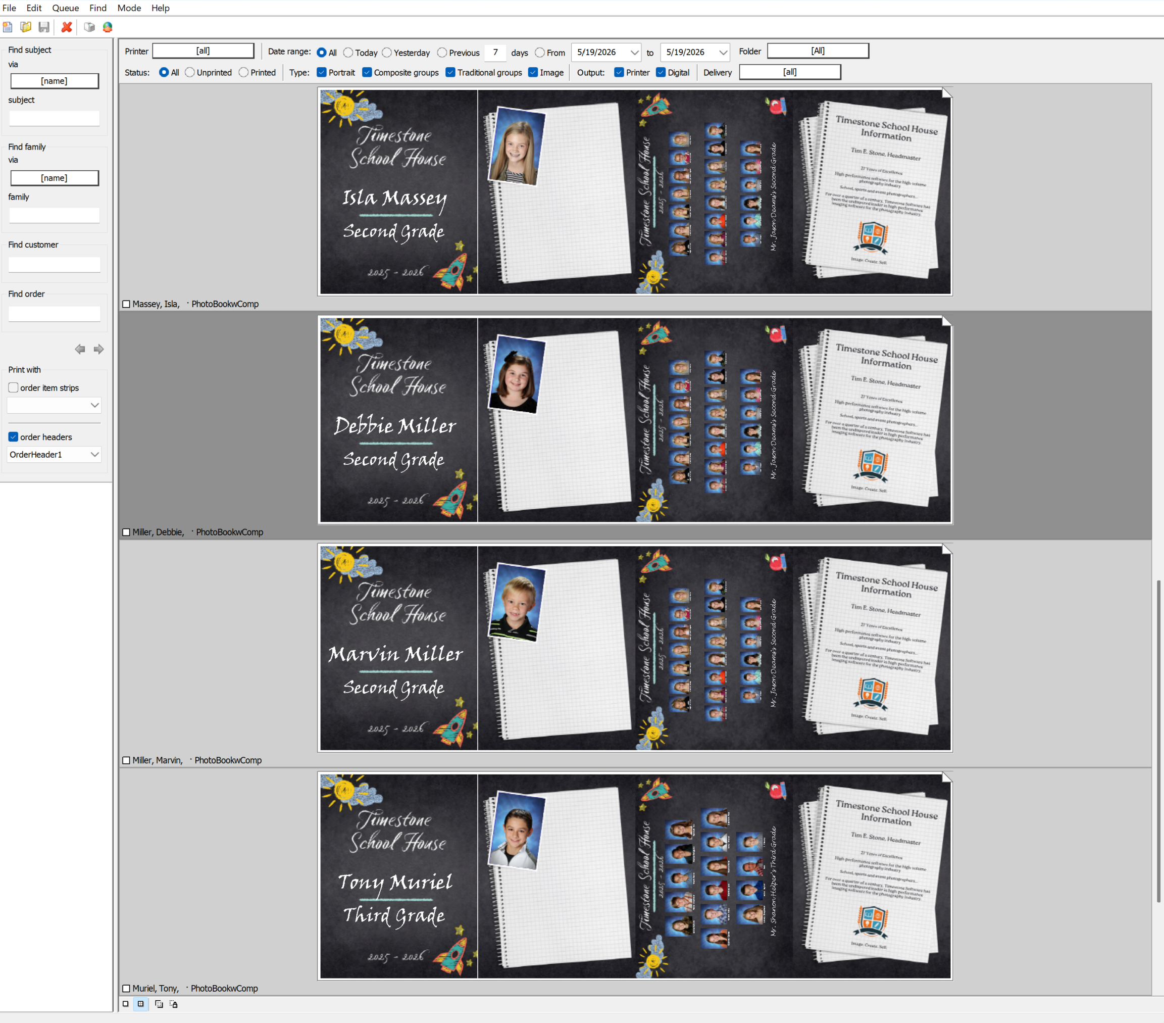 Four student profiles with names, grades, and photos in a school yearbook layout.