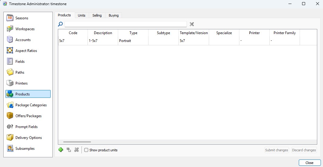 Timestone Administrator interface displaying product details and options for management.