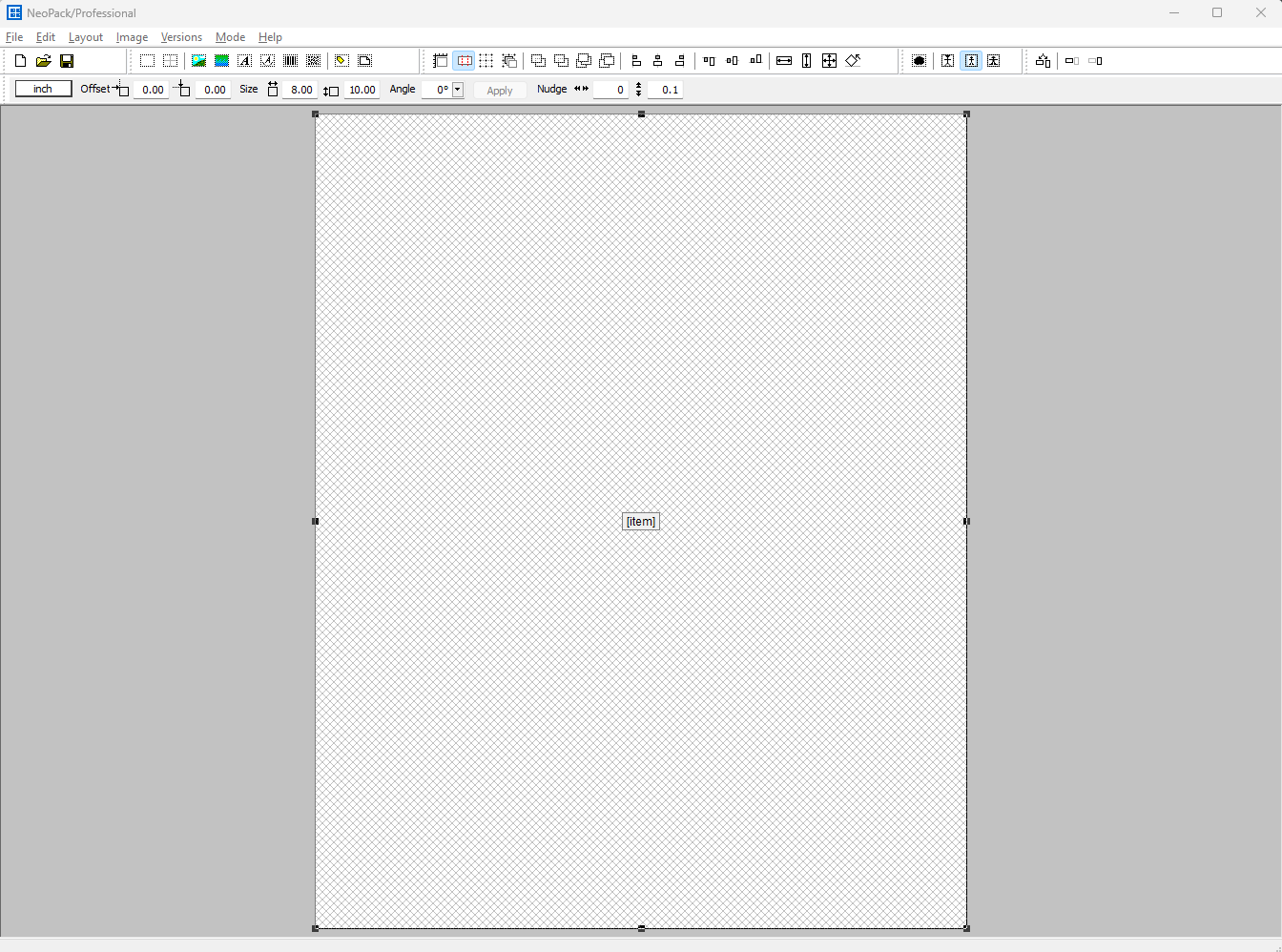 A blank workspace in NeoPack software with an item placeholder in the center.