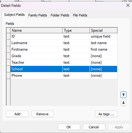 Detail fields for a database including ID, name, grade, teacher, school, and phone.