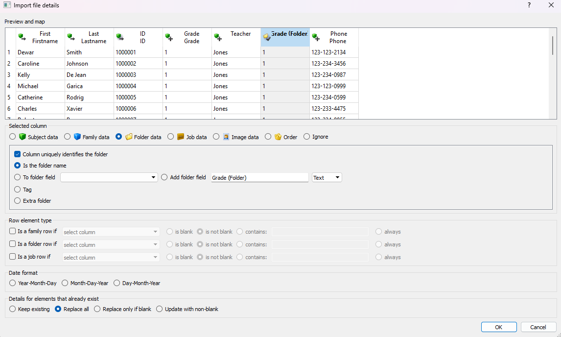 Import file details showing student information and folder settings for data management.