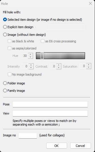 Settings menu for filling holes with various design options and adjustments.