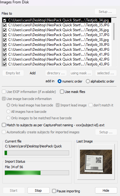 Image showing file import options and current status in a software interface.