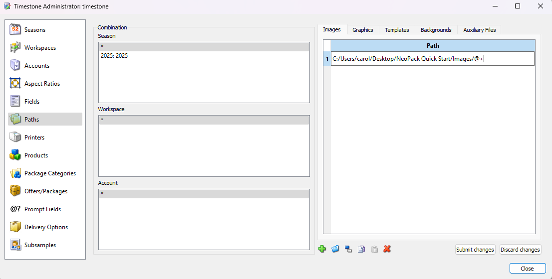 Timestone Administrator interface showing paths and workspace settings for 2025 season.