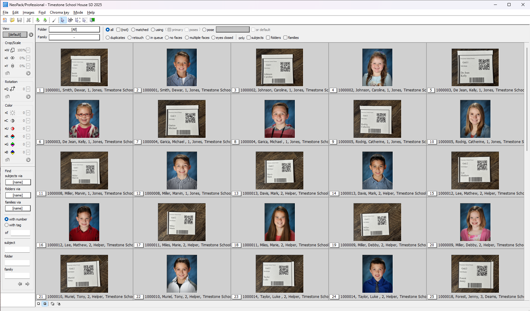 Grid of student photos with names and QR codes for identification purposes.