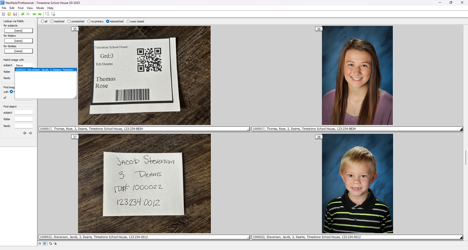Student identification cards with names, grades, and QR codes for school records.
