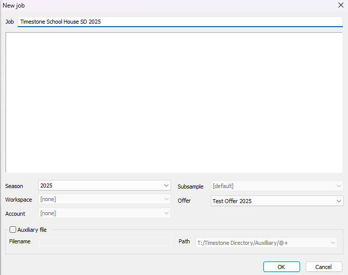 New job creation form for Timestone School House SD 2025 with various fields.