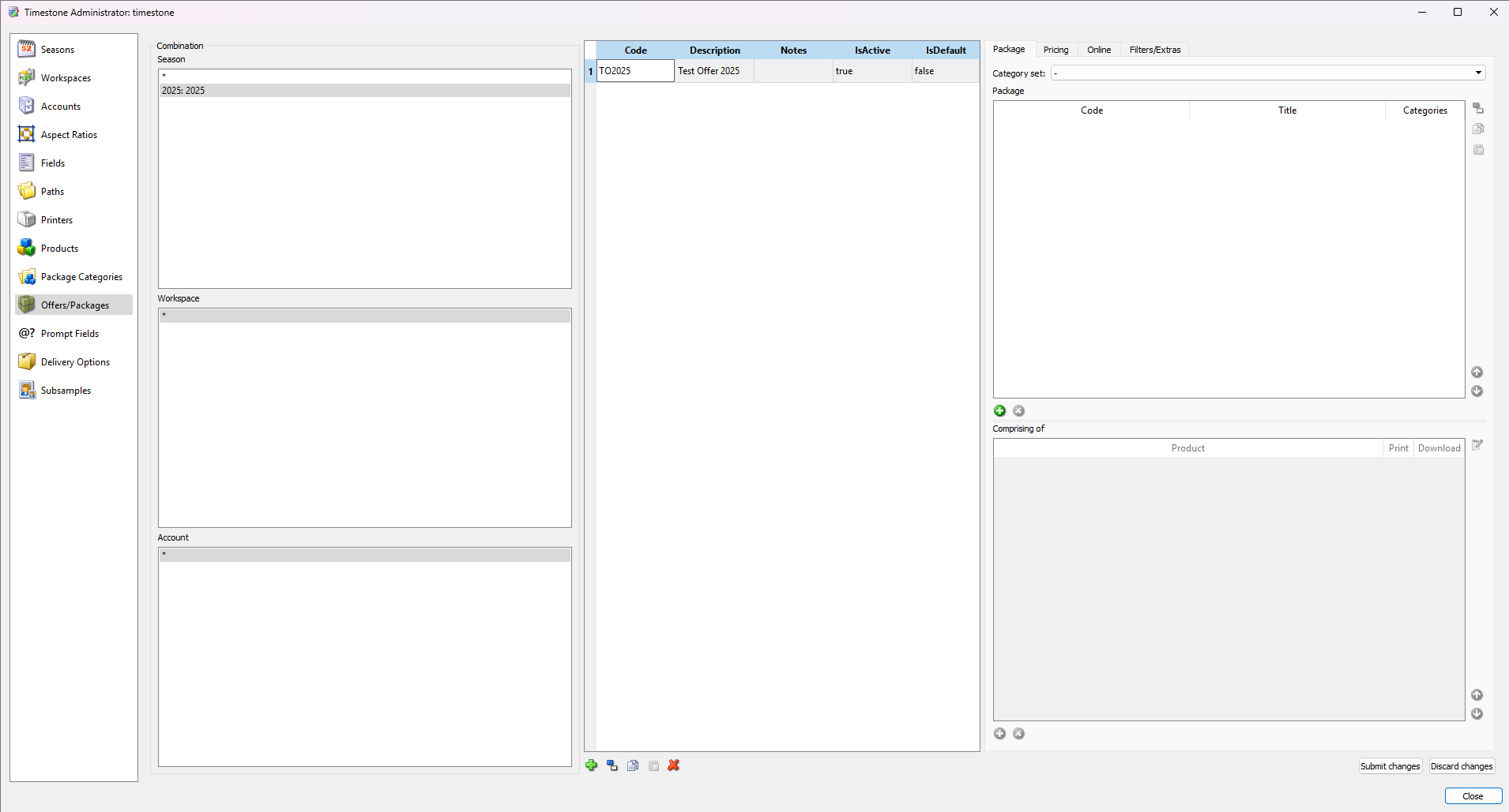 Timestone Administrator interface displaying offers, packages, and account management sections.