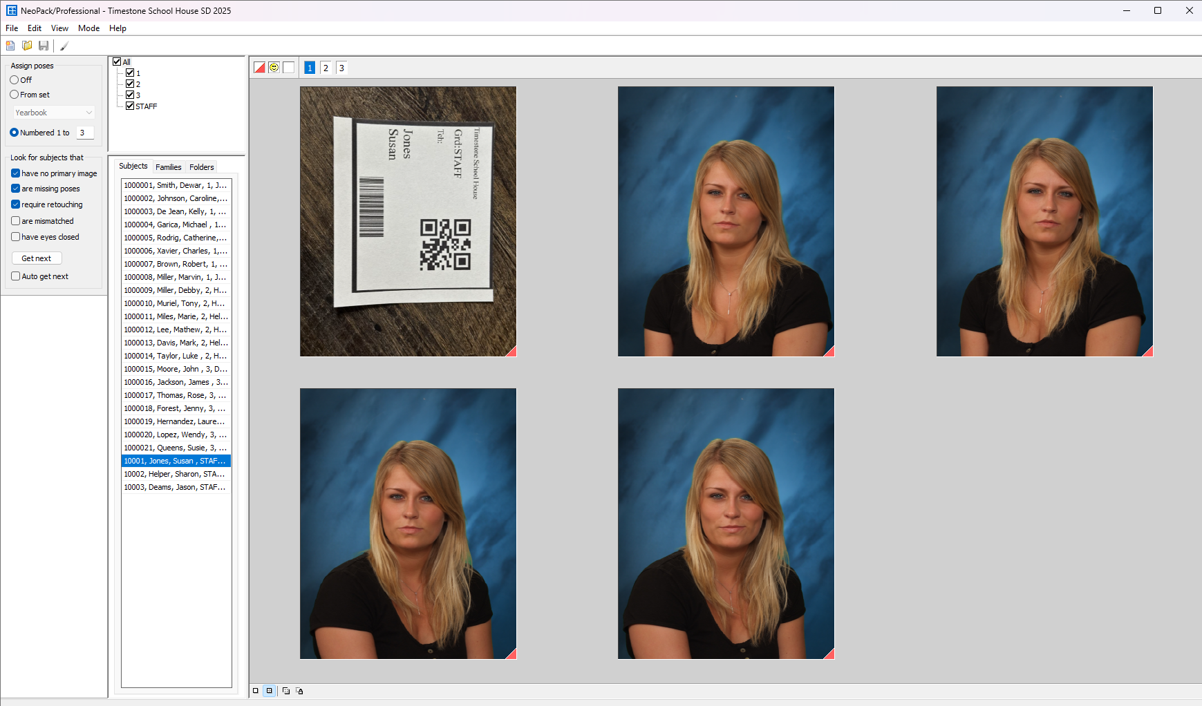 A staff ID card for Susan Jones with a QR code displayed prominently.