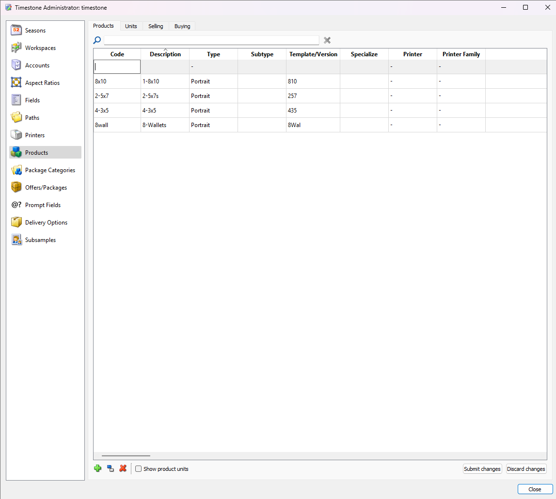 Timestone Administrator interface displaying product details and options for printing.
