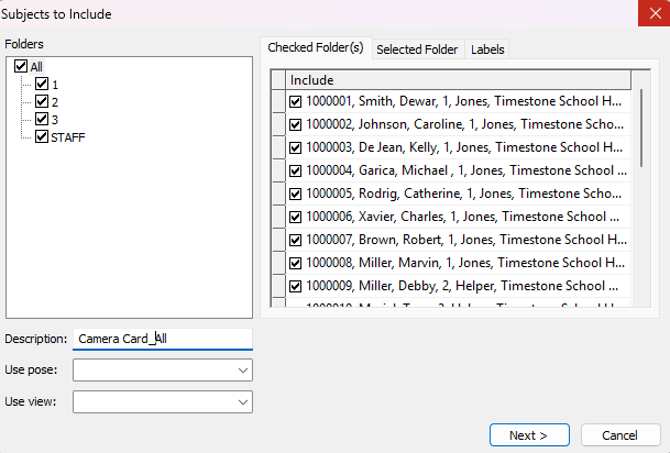 List of subjects to include with checkboxes for selection in a software interface.