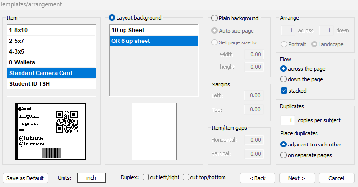 Template arrangement options for printing various photo sizes and layouts.