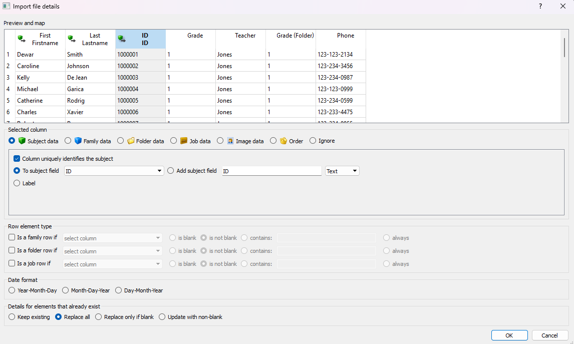 Import file details showing student names, IDs, grades, and teacher information in a table.