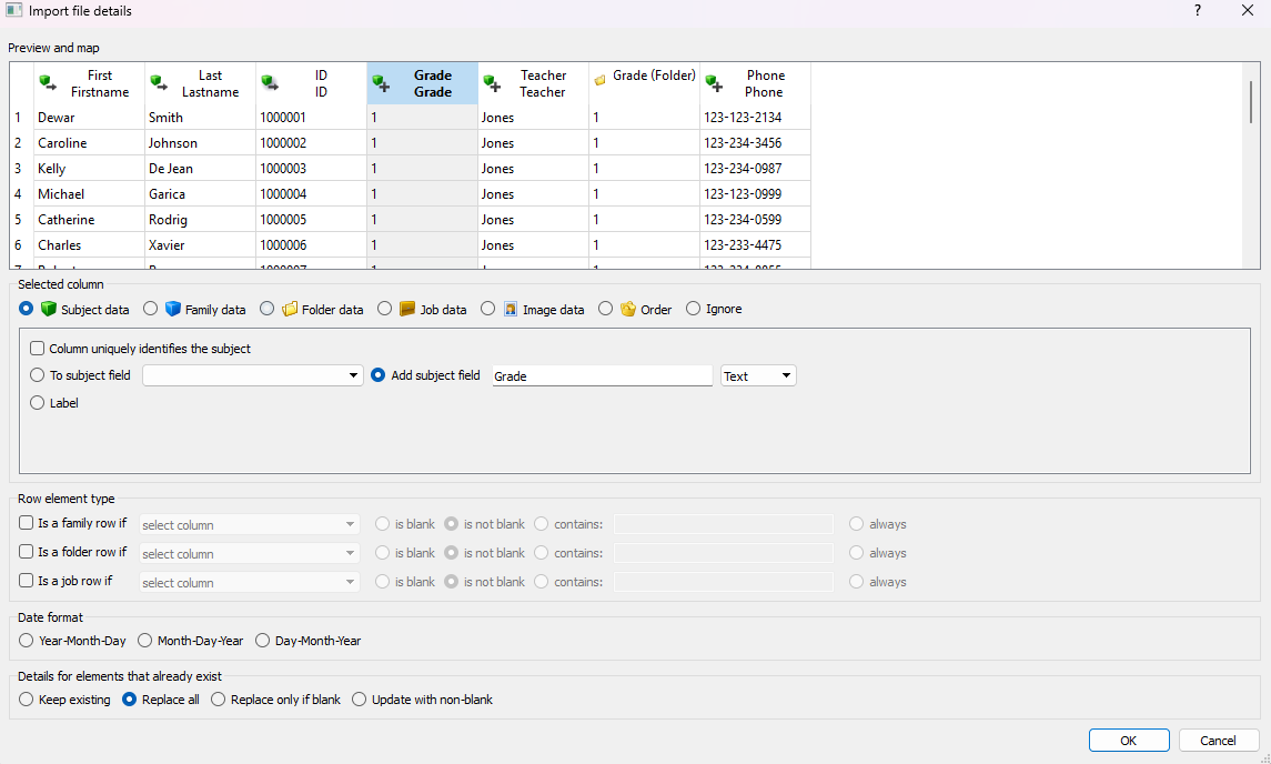 Import file details showing student names, grades, and teacher information in a table format.