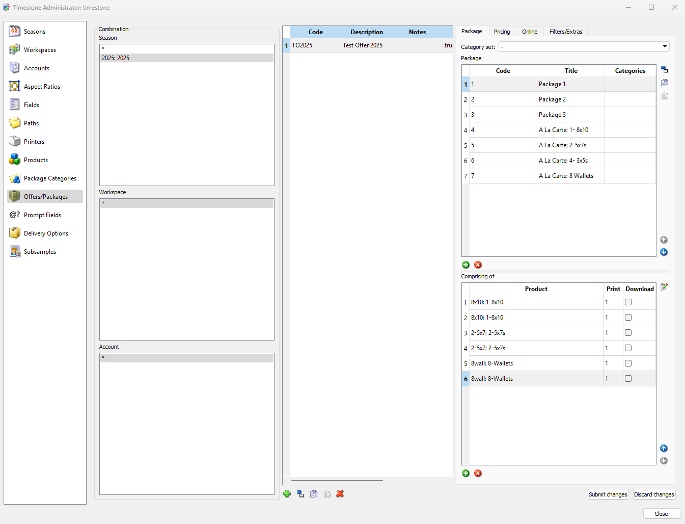 Timestone Administrator interface displaying offers, packages, and product details for 2025.