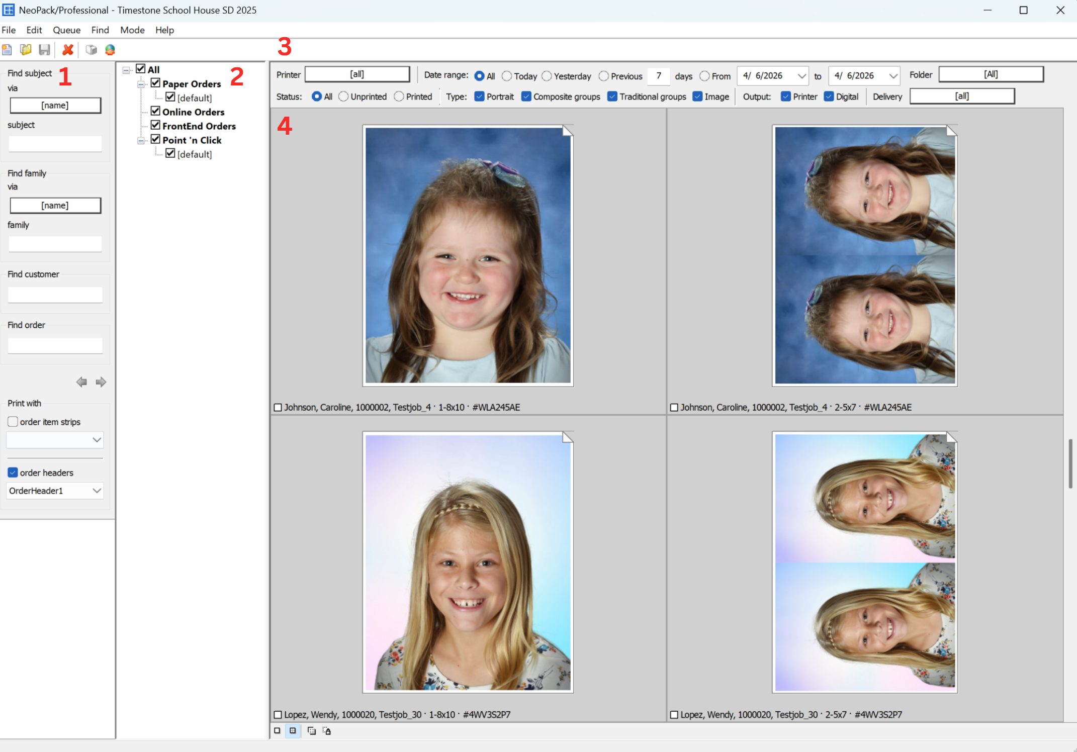 User interface displaying student photos and order details in a school management software.