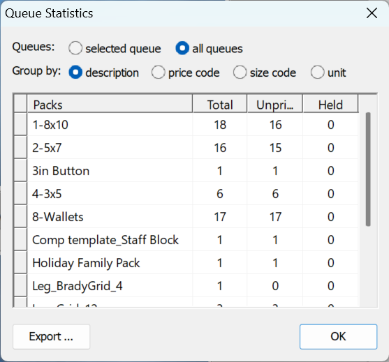 Queue Statistics of various packs showing total, unprinted, and held quantities in all queue.