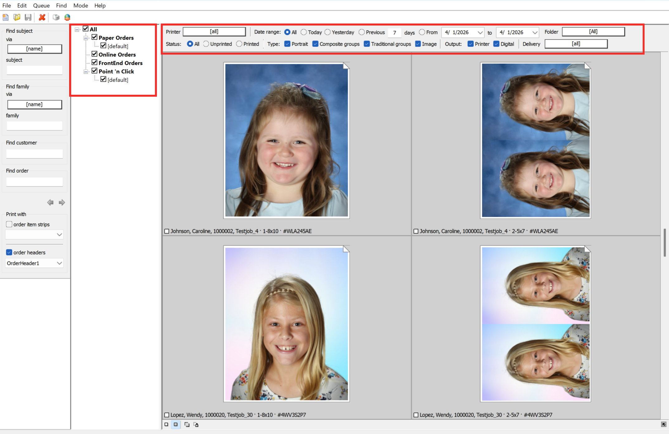 User interface displaying photo orders with options for printing and delivery settings.
