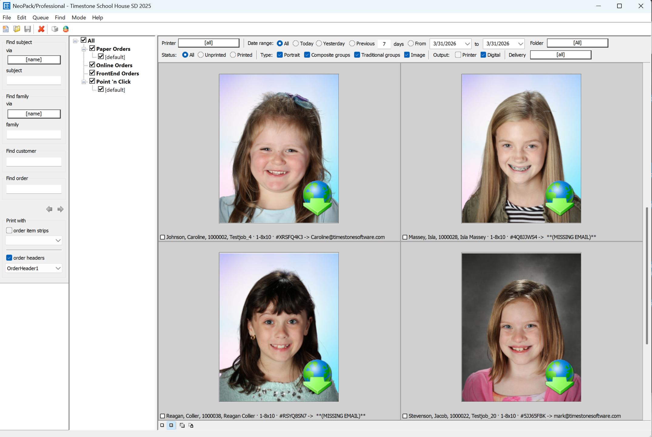 Four student portraits with email details and order information displayed on a software interface.