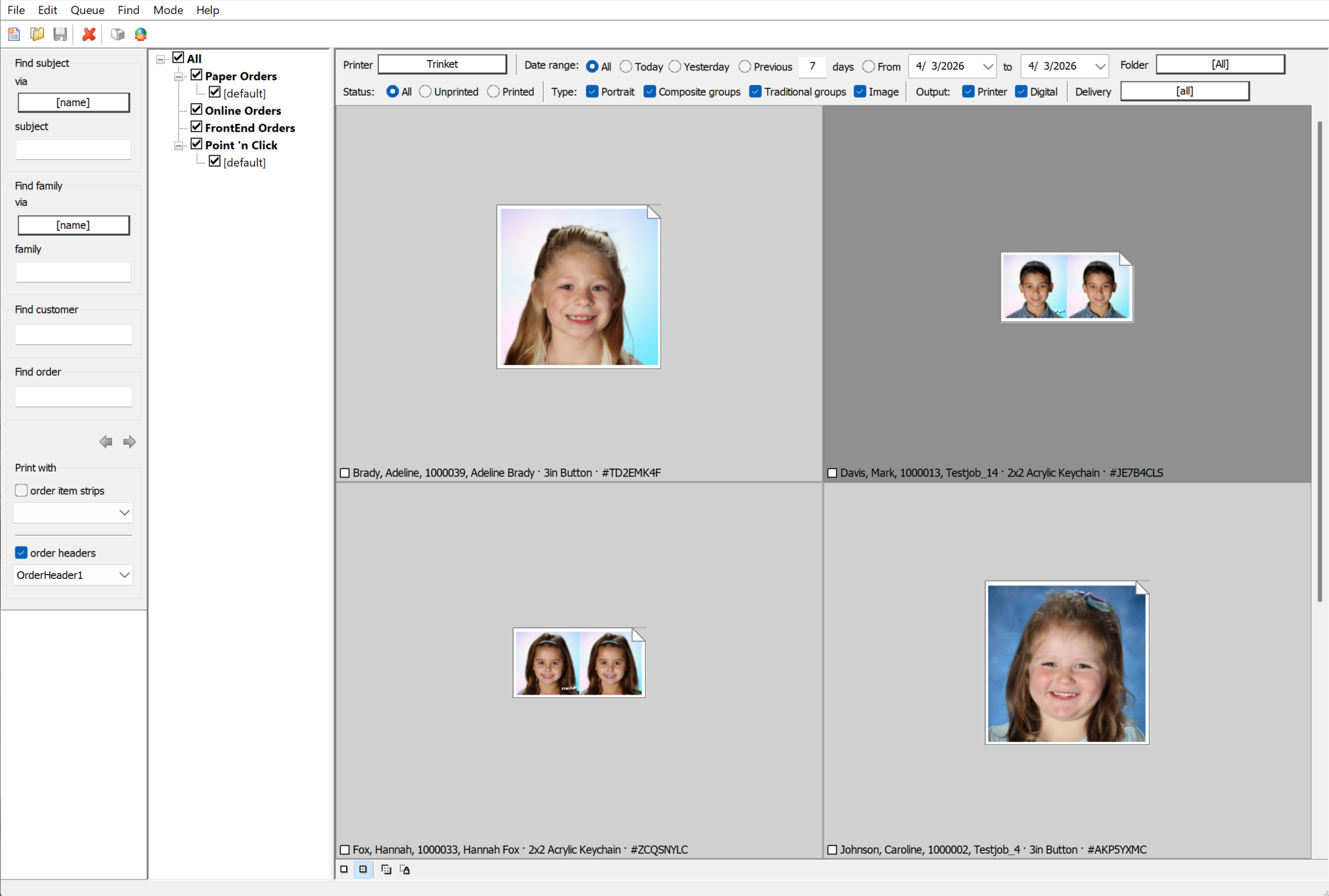 User interface displaying customer images and order details for printing.