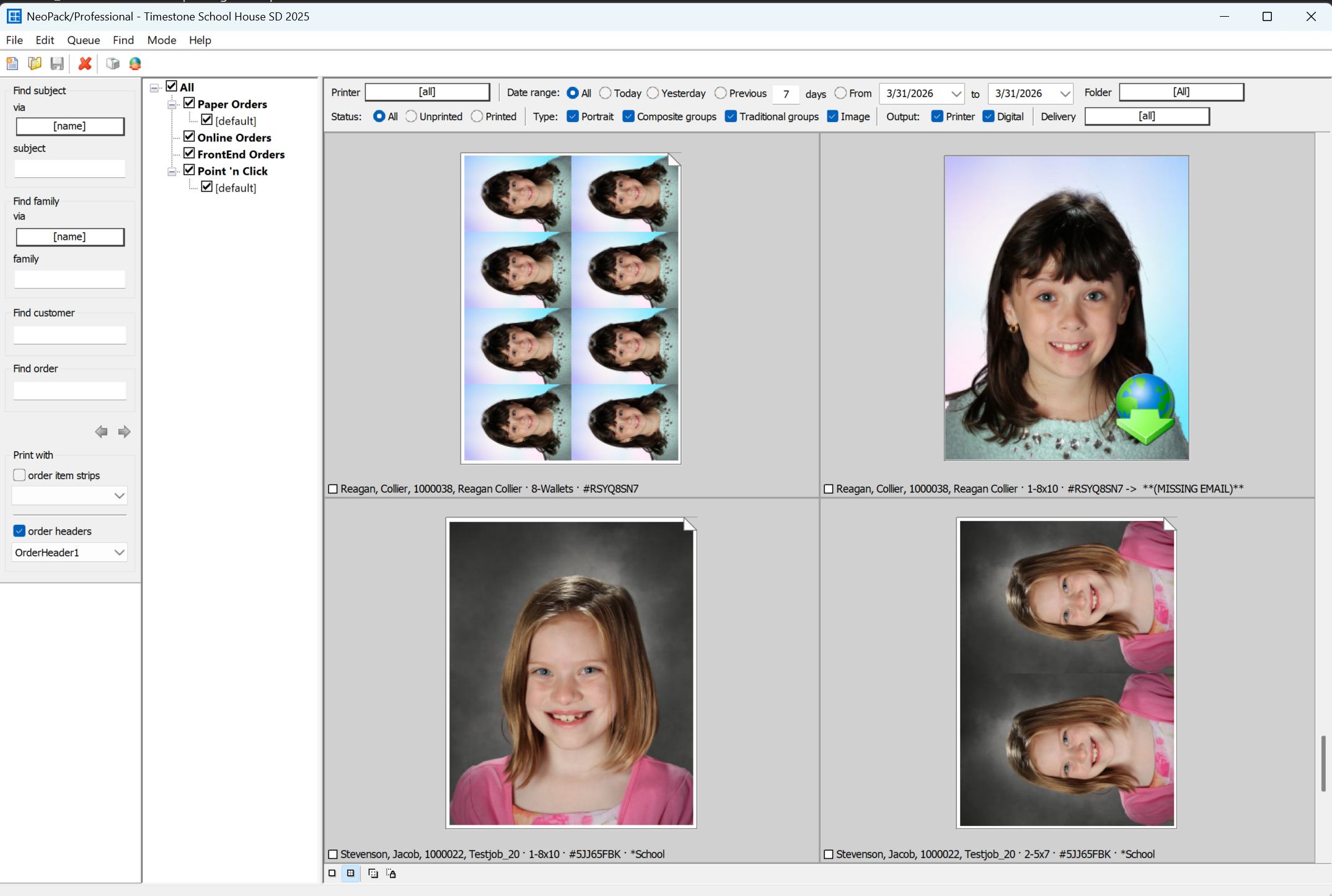 School photo order interface displaying multiple student images and order details.