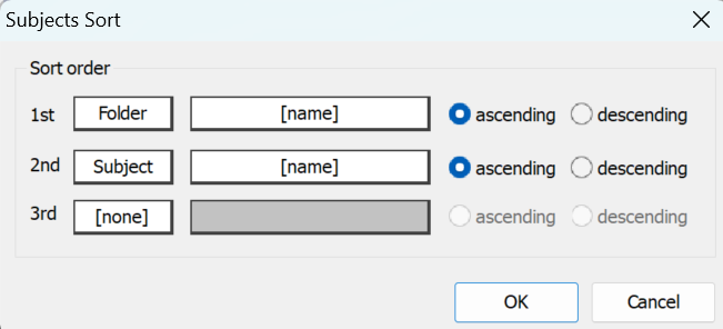 Settings window for sorting subjects by folder and subject in ascending order.