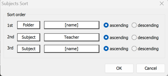 Settings for sorting subjects by folder, teacher, and subject in ascending order.