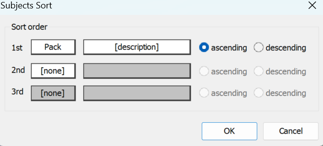 Sorting options for subjects with fields for pack and description settings.