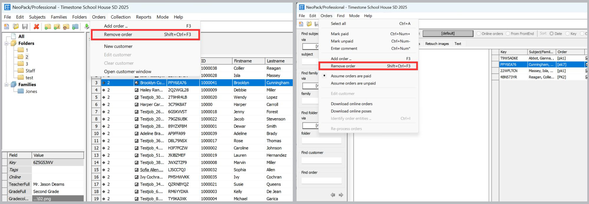 Menu options for removing an order in the NeoPack software interface.