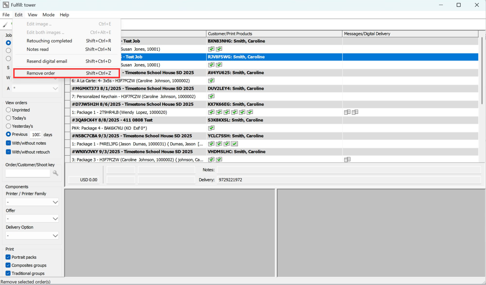 User interface displaying order management options and a highlighted 'Remove order' feature.
