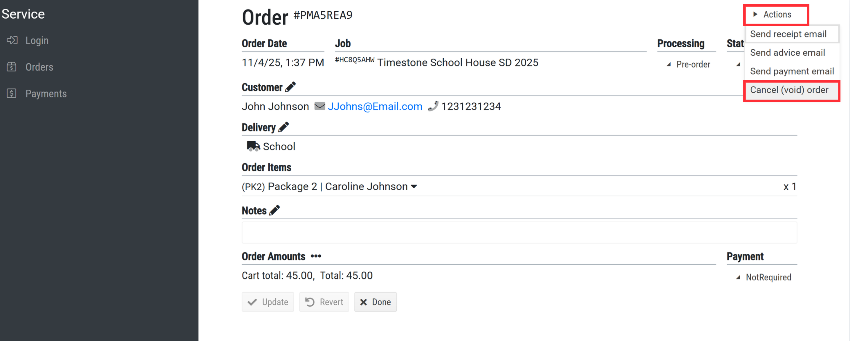 The Order Details Screen of the Site Service Panel showing the Actions Dropdown with Cancel Order selected.