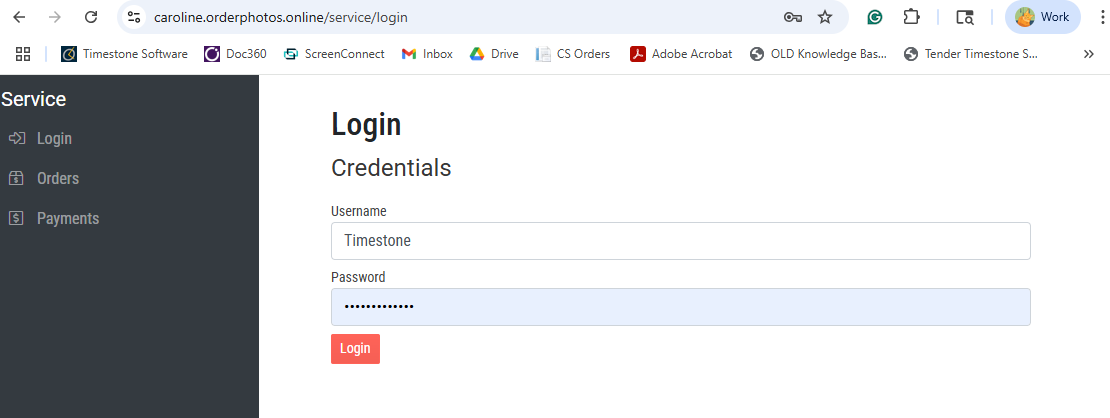 Login page displaying fields for username and password with a login button.