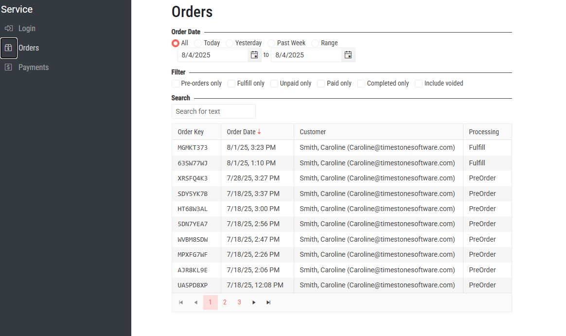 Order management interface displaying various customer orders and filtering options.