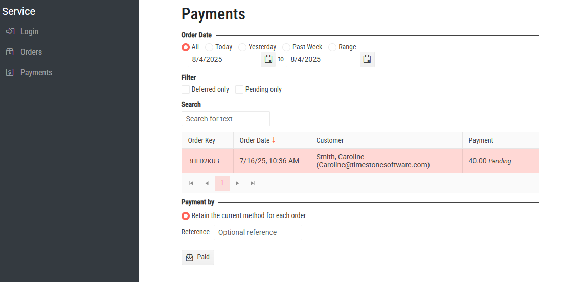 Payments section showing order details, customer information, and pending payment status.