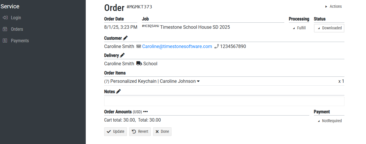 Order summary for Caroline Smith including items, amounts, and delivery details.