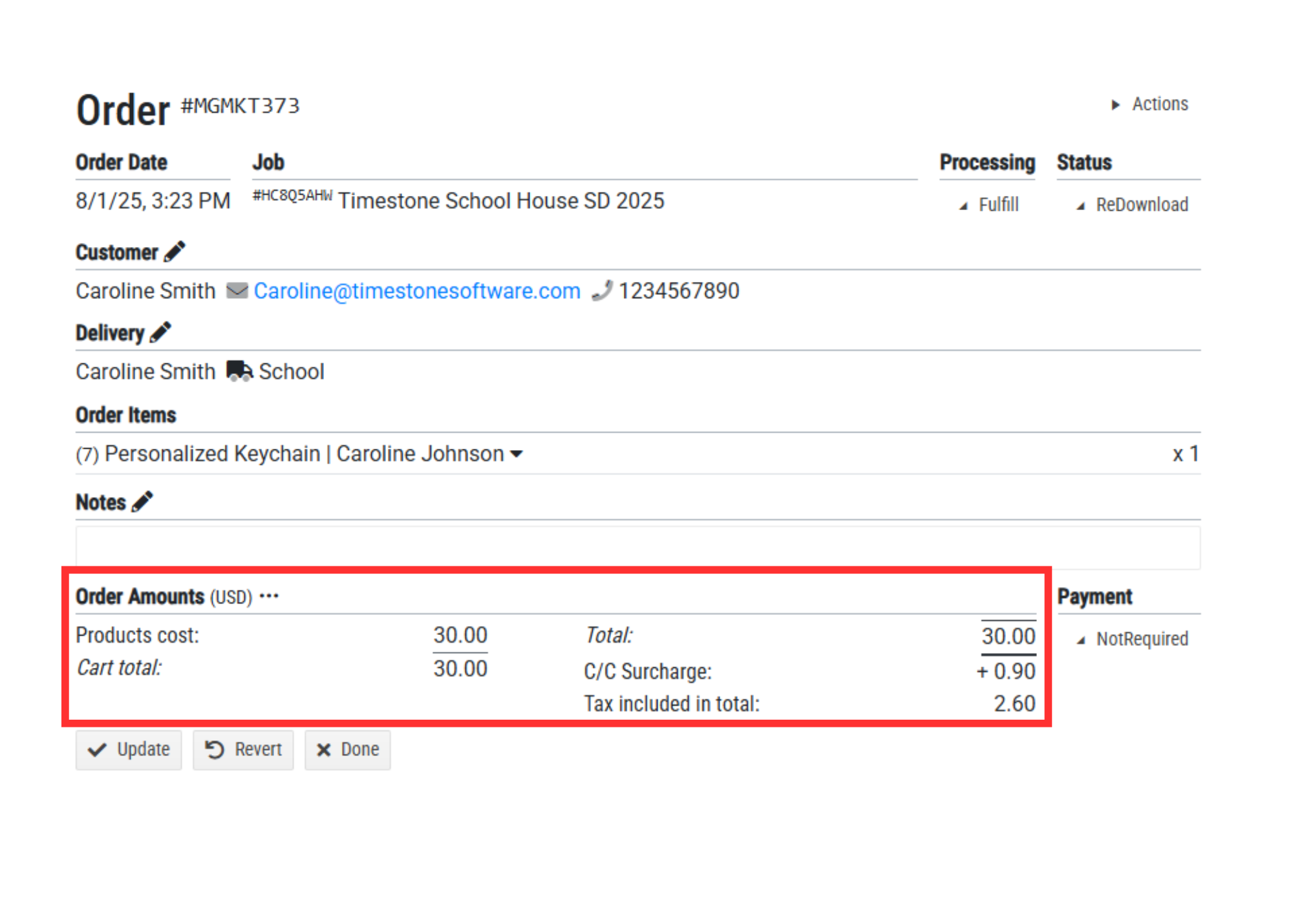 Order summary showing product costs, cart total, and additional charges for a purchase.